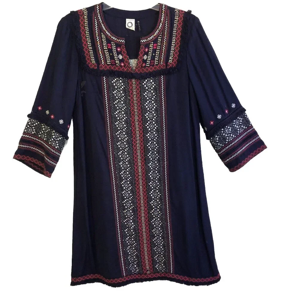 Anthropologie Akemi + Kin Tessa Dress Womens Sz 8 Navy Embroided Boho Festival
